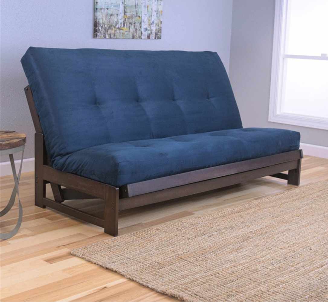 Low Arm Mocha Full Futon Frame with mattress in Suede Navy