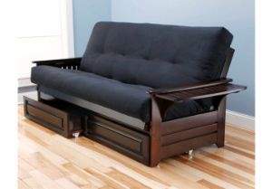 Picture of Tray Arm Espresso Full Futon Frame with mattress in Suede Black