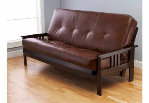 Picture of Mission Arm Espresso Queen Futon Frame with mattress in Oregon Trail Saddle