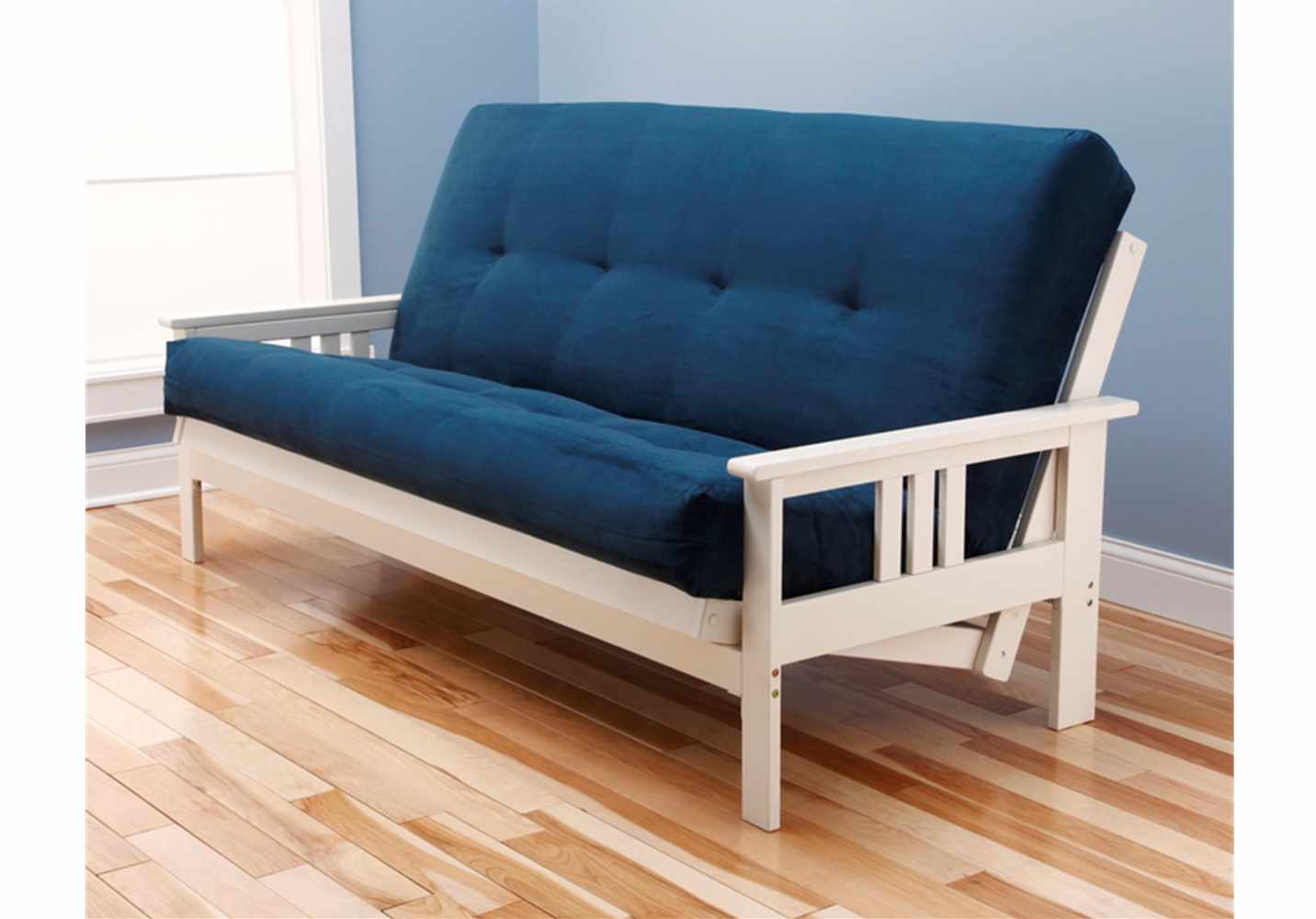 Mission Arm White Full Futon Frame with mattress in Suede Navy