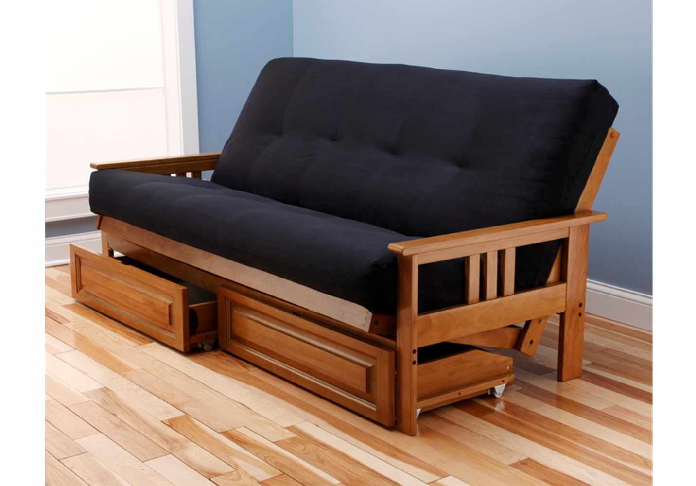 Mission Arm Butternut Full Futon Frame with mattress in Suede Black